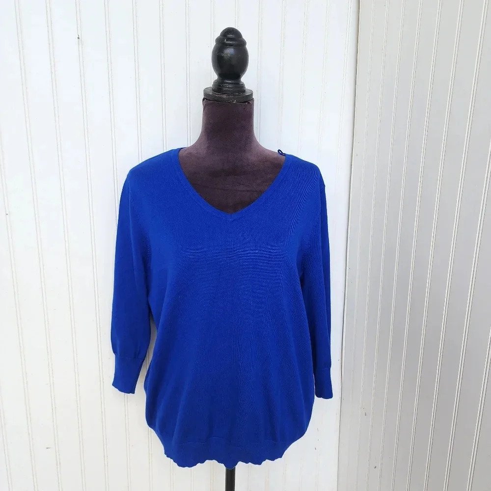 Architect Women's Blue Knit Rayon 3/4 Sleeve Pullover Sweater Stretch V-Neck  1X